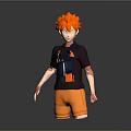 3D Rendered Game Character With Orange Hair Dark Shirt And Orange Pants